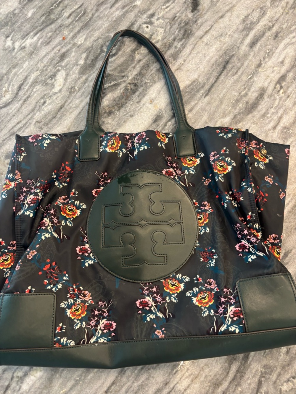 Tory Burch Floral Logo Ella Tote Large in Dark Green with Multicolor Accents